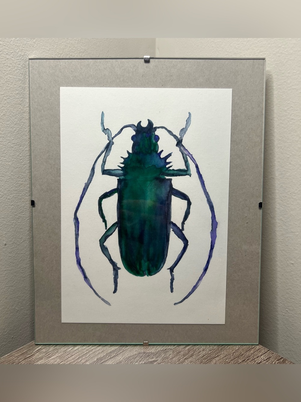 Hand-Painted Watercolor Beetle Art | 10” x 8” Floating Glass Frame